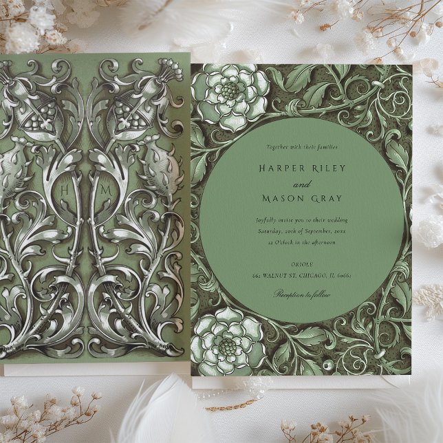 Muted Green Art Nouveau Floral Wedding Invitation (Creator Uploaded)