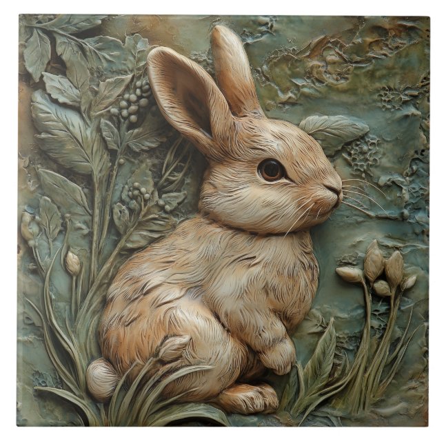 Muted Green Bunny Rabbit and Flowers Faux Relief Tile (Front)