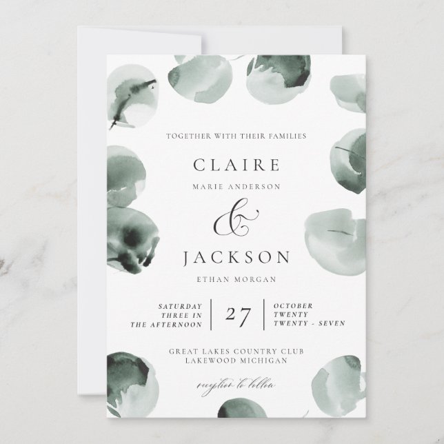 Muted Green Eucalyptus Ampersand Modern Wedding Invitation (Front)
