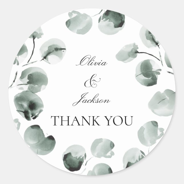 Muted Green Eucalyptus Scripted Modern Thank you Classic Round Sticker (Front)