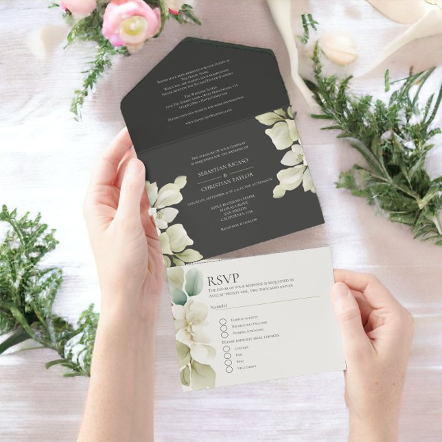 Muted Green Foliage Personalised Wedding All In One Invitation (Muted Green Foliage Personalized Wedding All In One Invitation from Ricaso. Includes invite & Rsvp)