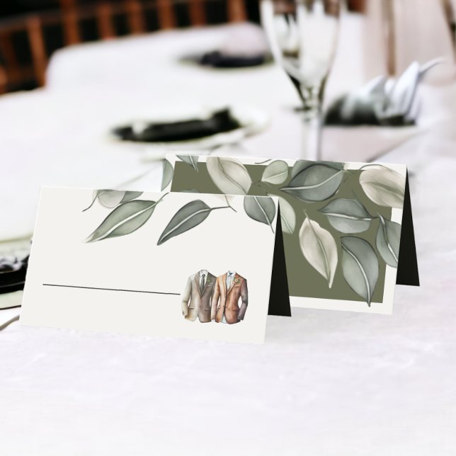 Muted Green Foliage Two Grooms Wedding Place Card (Muted Green Foliage Two Grooms Wedding Place Cards from Ricaso)