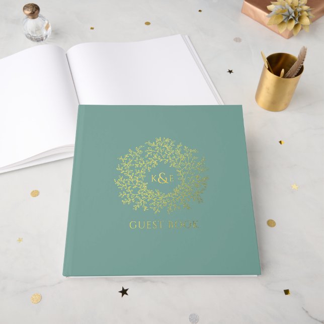 Muted green gold leaf monogram wedding guest book (Front Open)