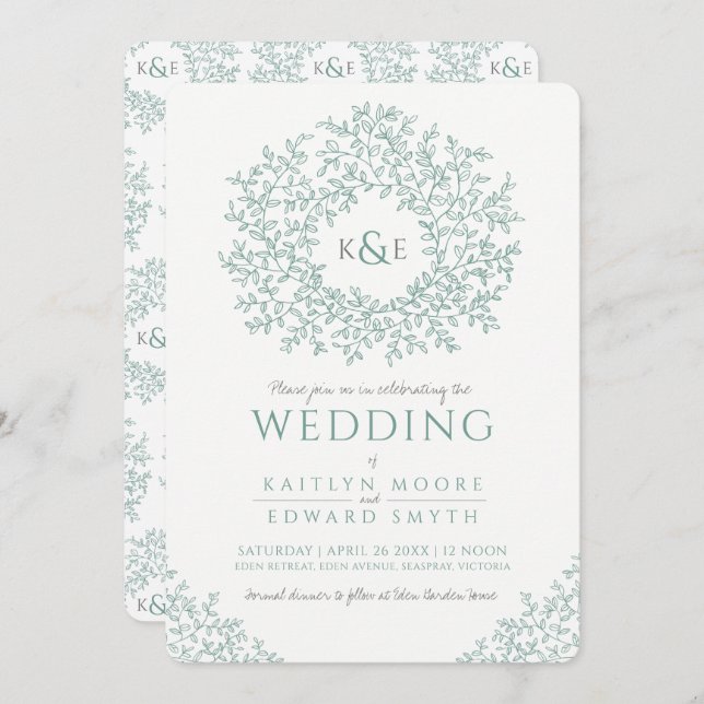 Muted green hand drawn leaf monogram art wedding invitation (Front/Back)