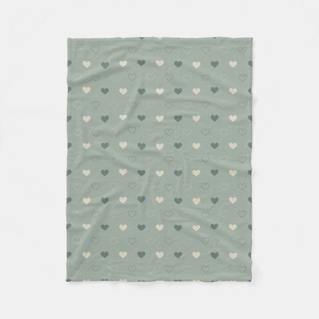 Muted Green Heart Grid Seamless Pattern Fleece Blanket (Front)