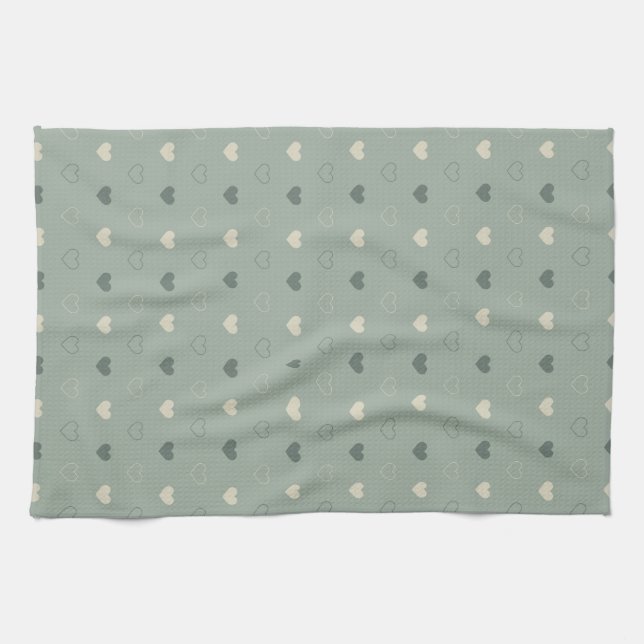 Muted Green Heart Grid Seamless Pattern Tea Towel (Horizontal)