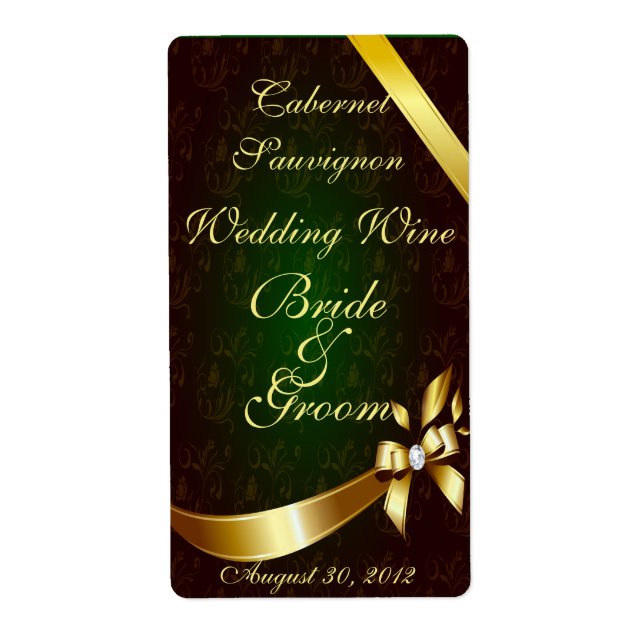 Muted Green Lace & Gold  Wedding Wine Label (Front)