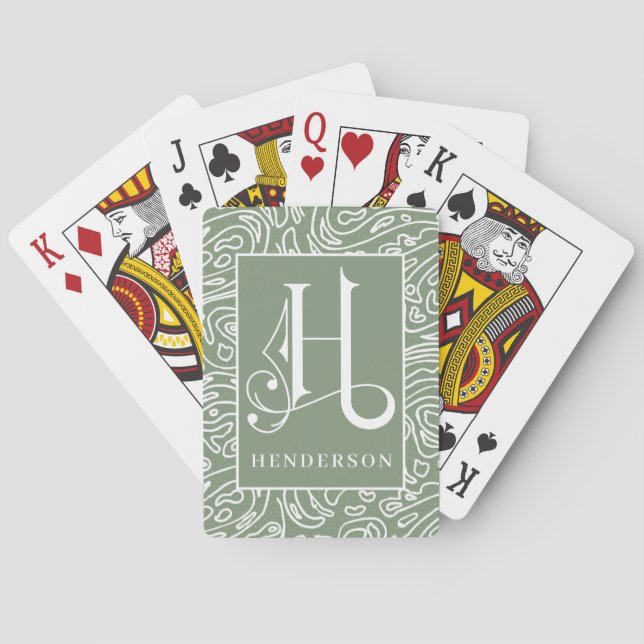 Muted Green Organic LIne Pattern  H Monogram, Bicy Playing Cards (Back)