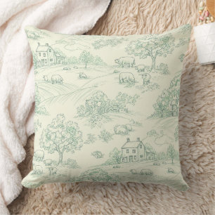 Muted Green Pastoral Farm Animal Toile Print Cushion