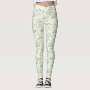 Muted Green Pastoral Farm Animal Toile Print Leggings