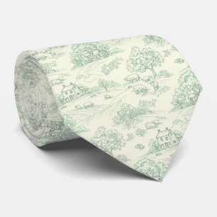 Muted Green Pastoral Farm Animal Toile Print Tie