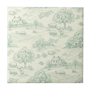 Muted Green Pastoral Farm Animal Toile Print Tile