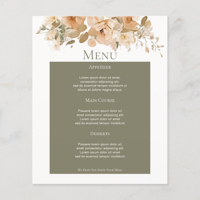 Muted Green Peach Flower Personalised Wedding Menu (Front)
