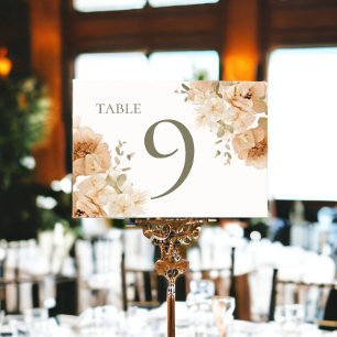 Muted Green Peach Flower Wedding Table Number