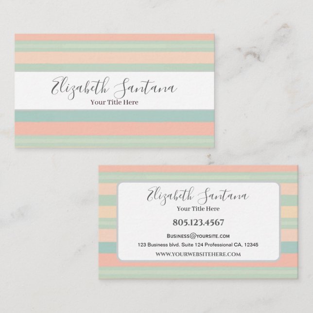 Muted Green & Peach Stripes Business Card (Front/Back)