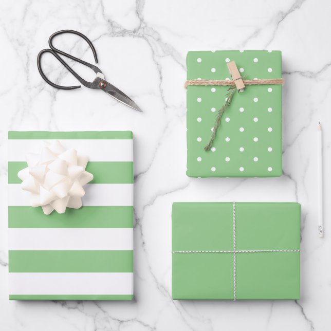 Muted Green Polka Dot Wide Striped and Solid Wrapping Paper Sheet (Front)