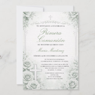 Muted Green Spanish Primera Comunión Cross Floral Invitation
