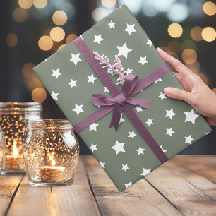 Muted Greenish-Grey With Star Pattern Wrapping Paper