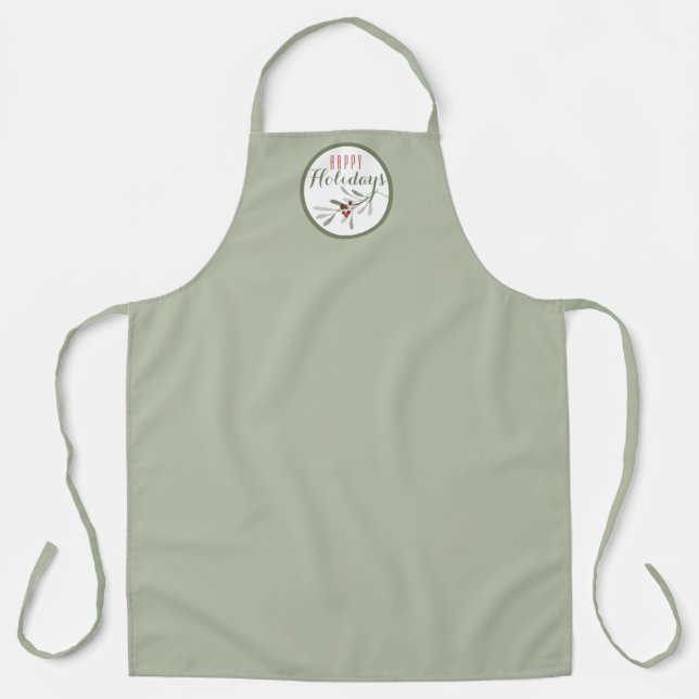 Muted  Grey Green with Christmas Greenery Sprig Apron (Front)