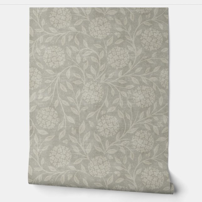 Muted Grey Hydrangea Traditional Wallpaper (Unrolling)
