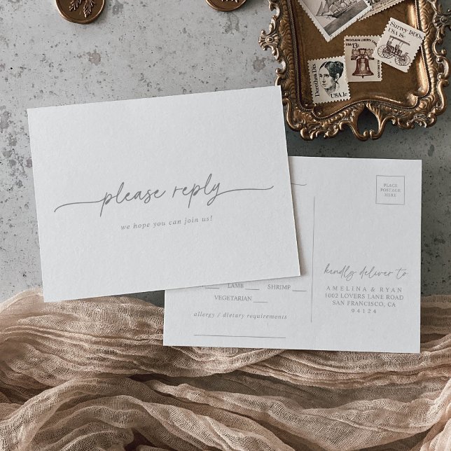Muted Grey Simple Menu Choice RSVP Postcard (Creator Uploaded)