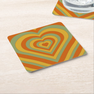 Muted Groovy Retro Layered Love Heart Square  Paper Coaster