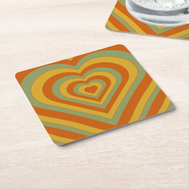 Muted Groovy Retro Layered Love Heart Square  Square Paper Coaster (Angled)