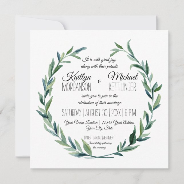 Muted Laurel Wreath Olive Leaf Branch Modern Invitation (Front)