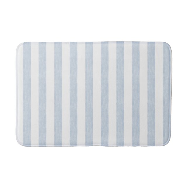 Muted Light Blue White Coastal Stripe Scandinavian Bath Mat (Front)