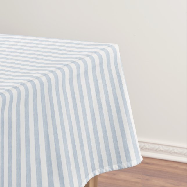 Muted Light Blue White Coastal Stripe Scandinavian Tablecloth (In Situ)
