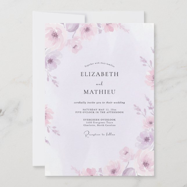 Muted Lilac Painted Wildflower Wedding Invitation (Front)