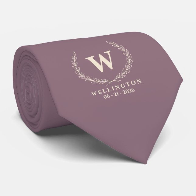 Muted Mauve Ivory Laurel Monogram Wedding Date Tie (Rolled)