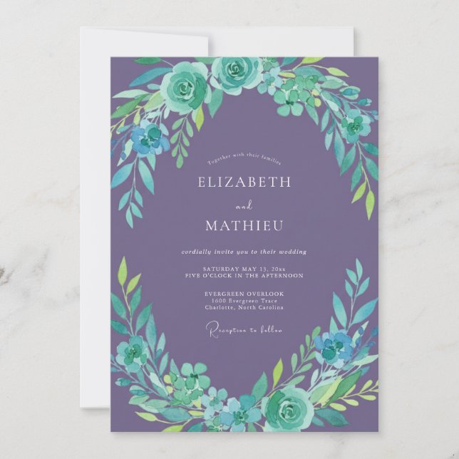 Muted Mauve Teal Wreath Wedding Invitation (Front)