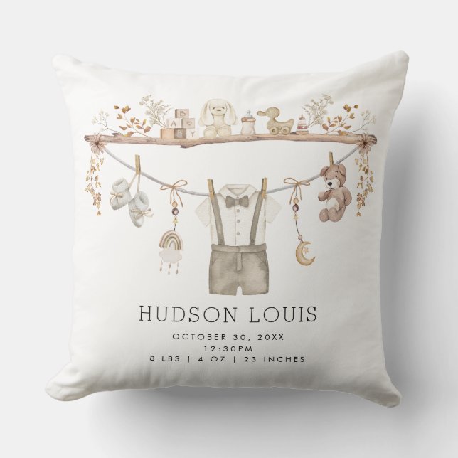 Muted Neutral Boho Baby Boy Nursery Birth Stats Cushion (Front)