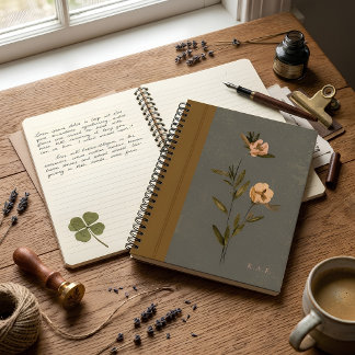 Muted Olive Green & Gold Floral Faux Leather Notebook