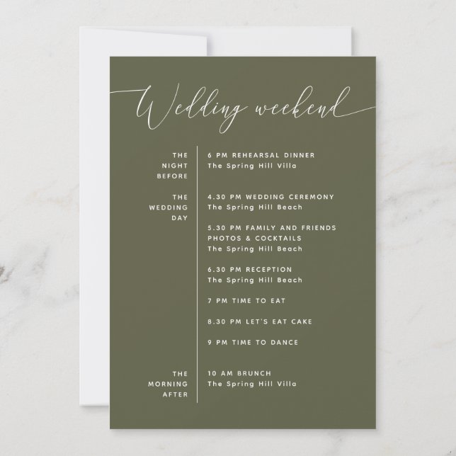 Muted Olive Green Modern Wedding Weekend Itinerary Invitation (Back)