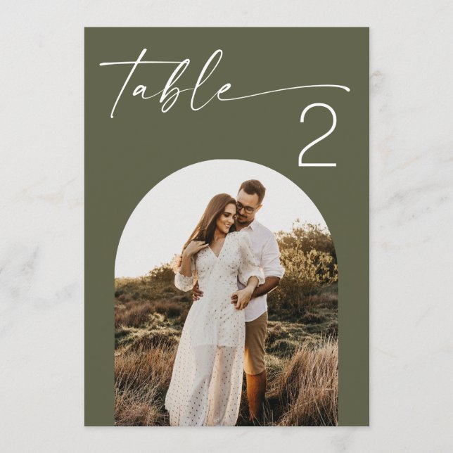 Muted Olive Green Photo Wedding Table Number (Front)