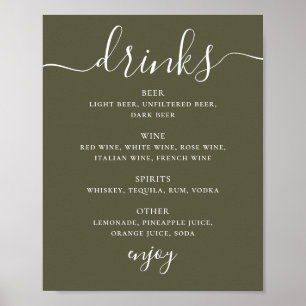 Muted Olive Green Wedding Bar Modern Drinks Menu Poster