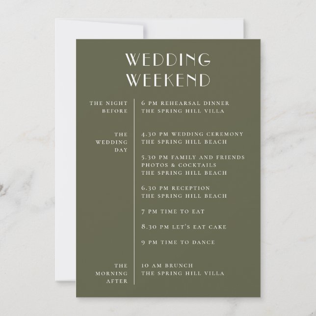Muted Olive Green Wedding. Earthy Weekend Timeline Invitation (Back)