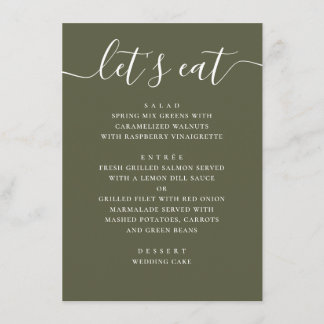 Muted Olive Green Wedding. Modern Garden Reception Menu