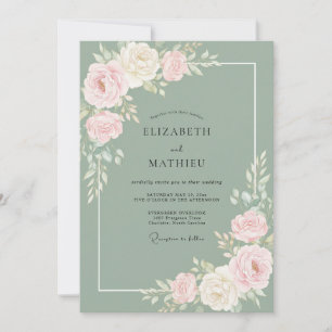 Muted Olive Peony Wedding Invitation