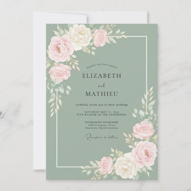 Muted Olive Peony Wedding Invitation (Front)