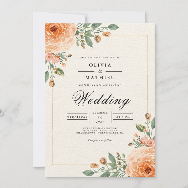 Muted Orange Blossom Arch Wedding Invitation (Front)