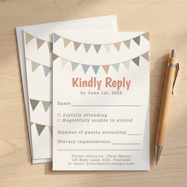 Muted pastel bunting baby shower RSVP insert (Muted pastel bunting baby shower RSVP insert.)