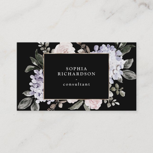 Muted Pastel Watercolor Hydrangea Floral | Black Business Card (Front)