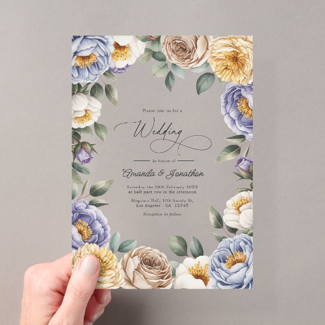 Muted Periwinkle, Buttercream, and Greige Wedding Acrylic Invitations (Insitu (Handheld))