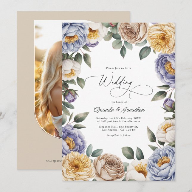 Muted Periwinkle, Buttercream, and Greige Wedding Invitation (Front/Back)