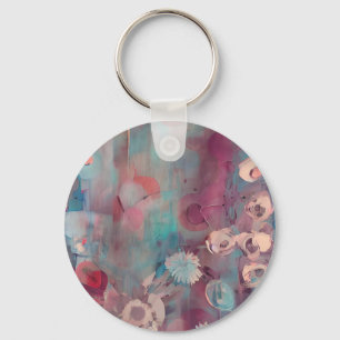 Muted pink and blue abstract flowers  key ring