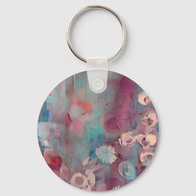 Muted pink and blue abstract flowers  key ring (Front)