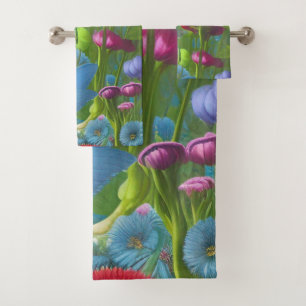 Muted pink, blue and White floral Bath Towel Set